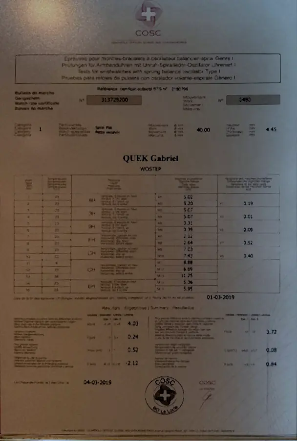 COSC watch rate certificate in the name of Quek Gabriel, 2019