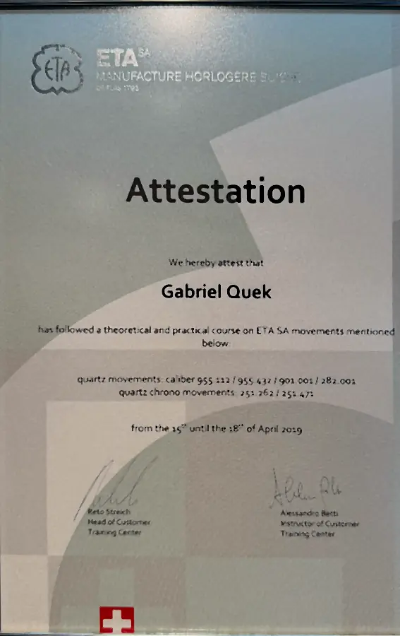 ETA SA attestation issued to Gabriel Quek, 2019