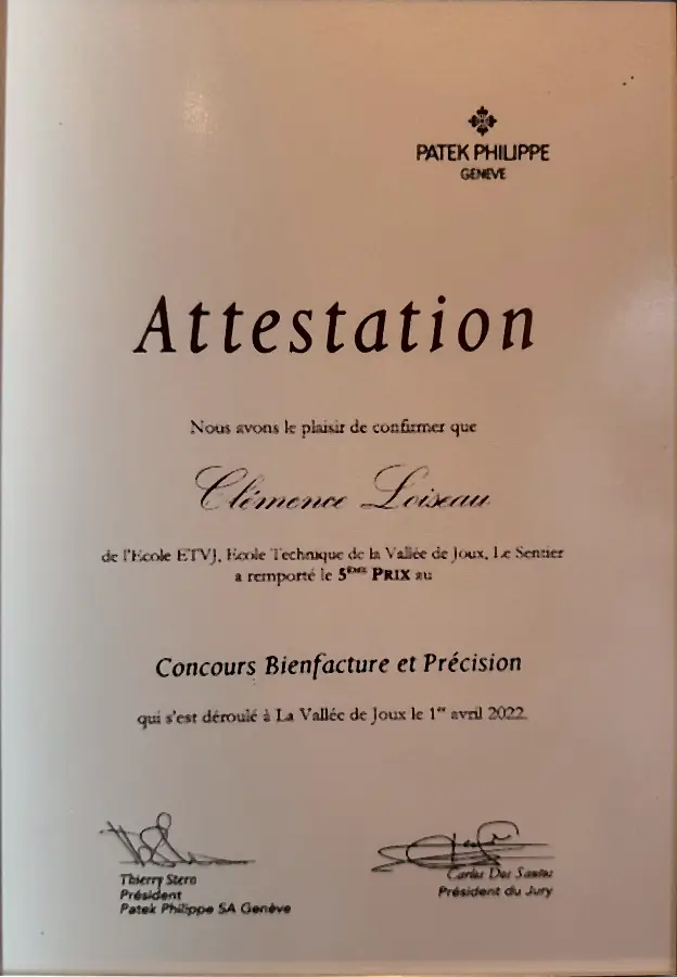 Patek Philippe attestation awarding Clémence Loiseau fifth prize, 2022