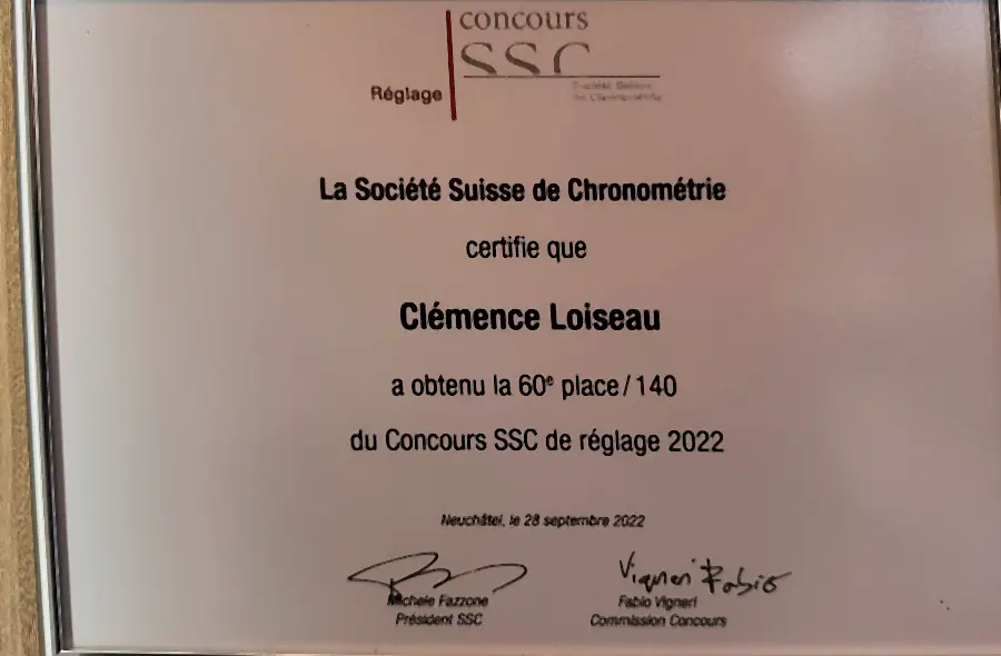 Société Suisse de Chronométrie certificate placing Clémence Loiseau 60th of 140, 2022
