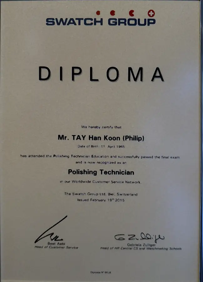 Swatch Group diploma naming Tay Han Koon a Polishing Technician, 2015