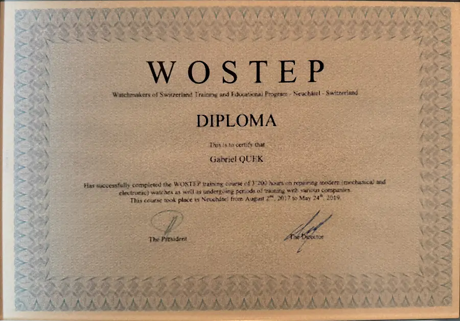 WOSTEP diploma issued to Gabriel Quek, Neuchâtel, 2019