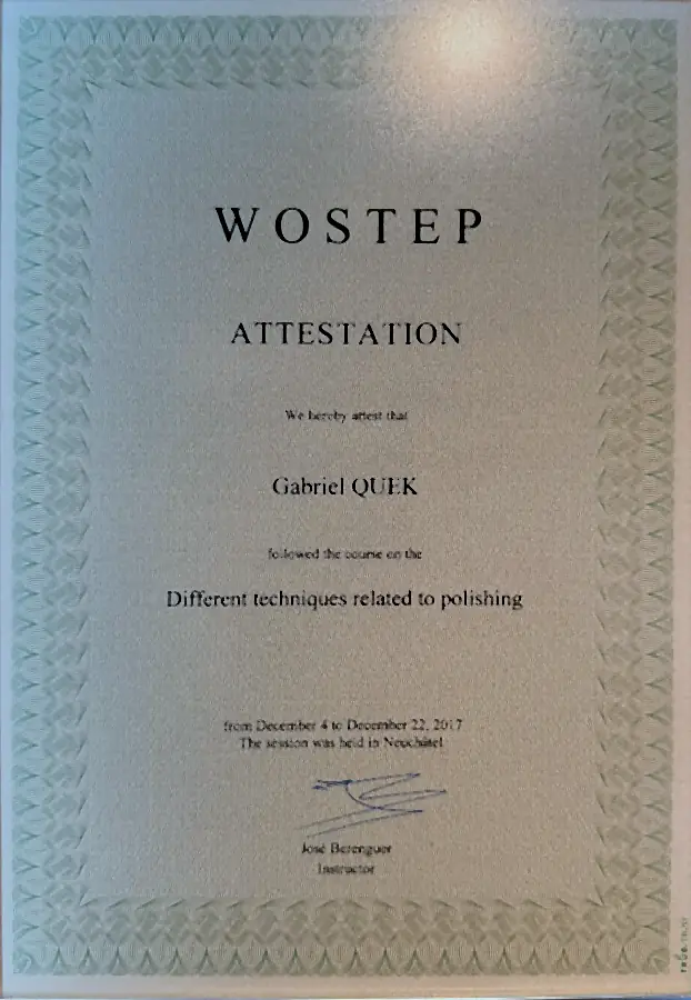 WOSTEP attestation in polishing techniques issued to Gabriel Quek, 2017