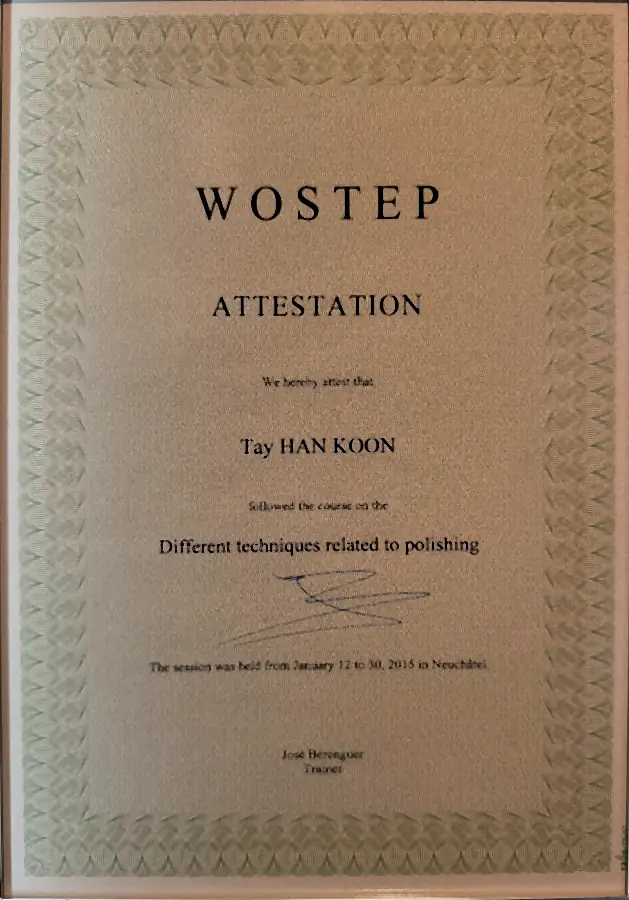 WOSTEP attestation in polishing techniques issued to Tay Han Koon, 2015